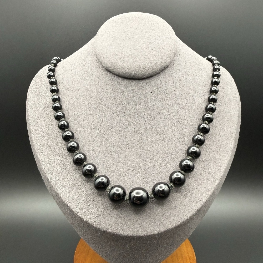 Vintage Graduated Black Bead Necklace Knotted Strand Classic Minimal Modernist